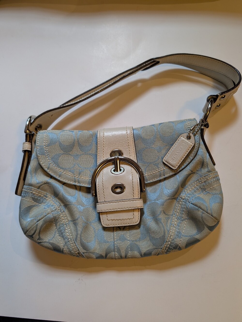 Vintage Coach Soho Signature Flap Shoulder Bag Blue White Buckle Y2K In VGUC